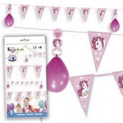 Banderin triangulo Unicornio Fucsia con Globos