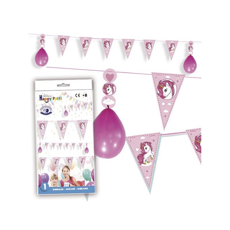 Banderin triangulo Unicornio Fucsia con Globos
