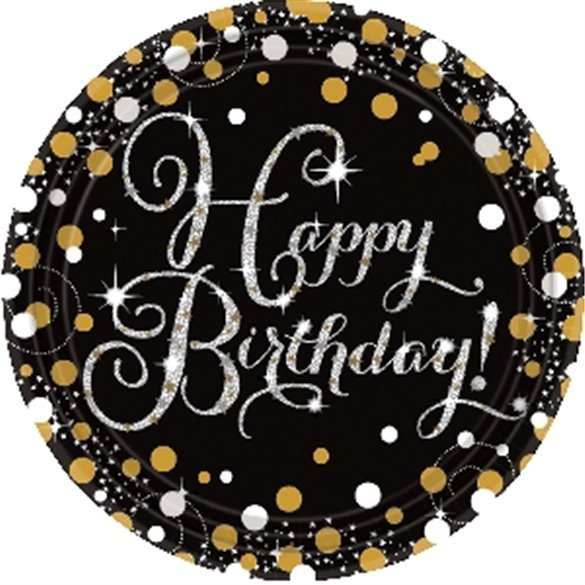 Platos Happy Birthday (8) Prismatic Plata/oro (23 cm)
