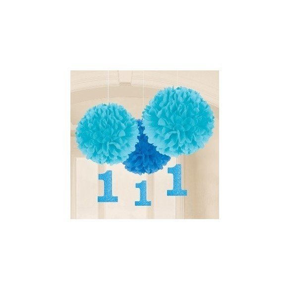 Fluffy Pompom Colgantes Color Azul Con Numero 1 (3 de 40cm y Nº de 17.8 cm )