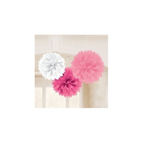 Fluffy PomPom Colgante Color Rosa/Blanco (Contiene: 1 x 40cm, 1 x 33cm, 1 x 23cm)