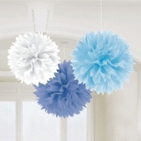 Fluffy PomPom Colgante Color Azules / Blanco (Contiene: 1 x 40cm, 1 x 33cm, 1 x 23cm)