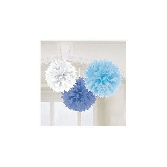 Fluffy PomPom Colgante Color Azules / Blanco (Contiene: 1 x 40cm, 1 x 33cm, 1 x 23cm)