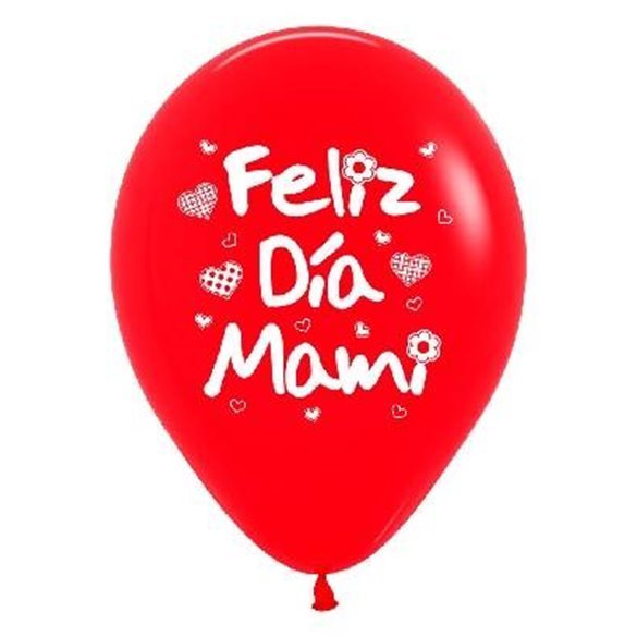 Globos Serigrafiado diseño Feliz día Mami de 30 cm aprox en Rojos y Blancos solido (12 ud)