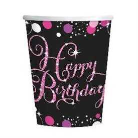 Vasos Happy Birthday Prismatic Rosa/Negro (8)