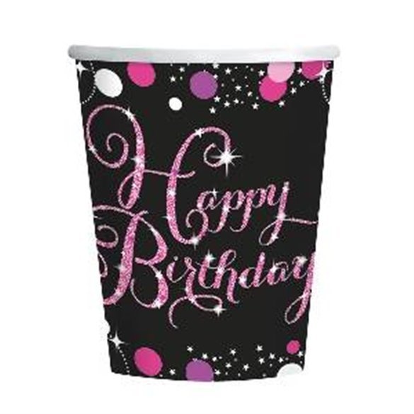 Vasos Happy Birthday Prismatic Rosa/Negro (8)