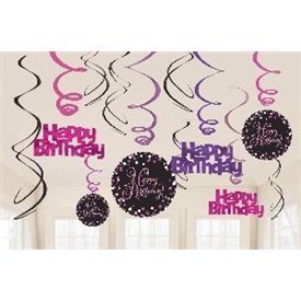 Decoracion Colgante Happy Birthday Prismatic Rosa/Negro (6x2)