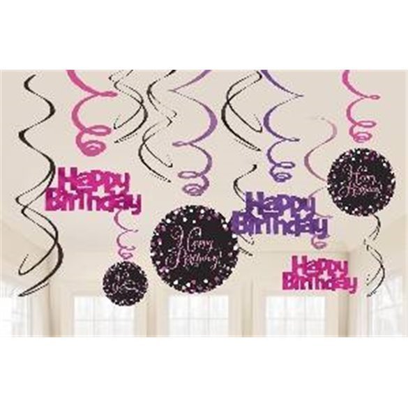 Decoracion Colgante Happy Birthday Prismatic Rosa/Negro (6x2)