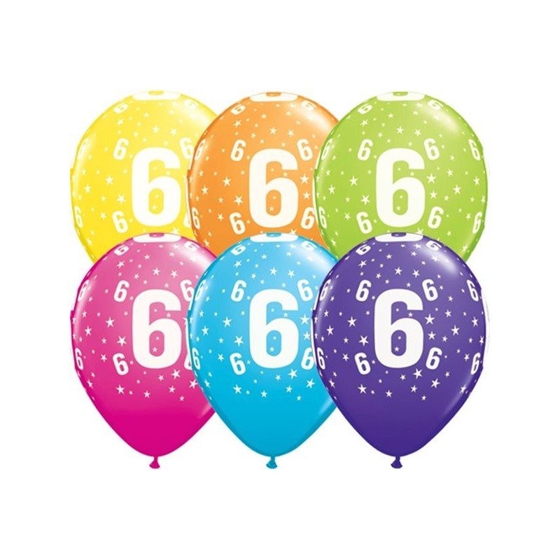 Globos impresos número 6 de 27cm Colores surtidos (25ud)