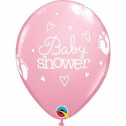 Globos Rosa pastel Baby shower con Huellas de pies de bebe y corazones de 28 cm (25ud)