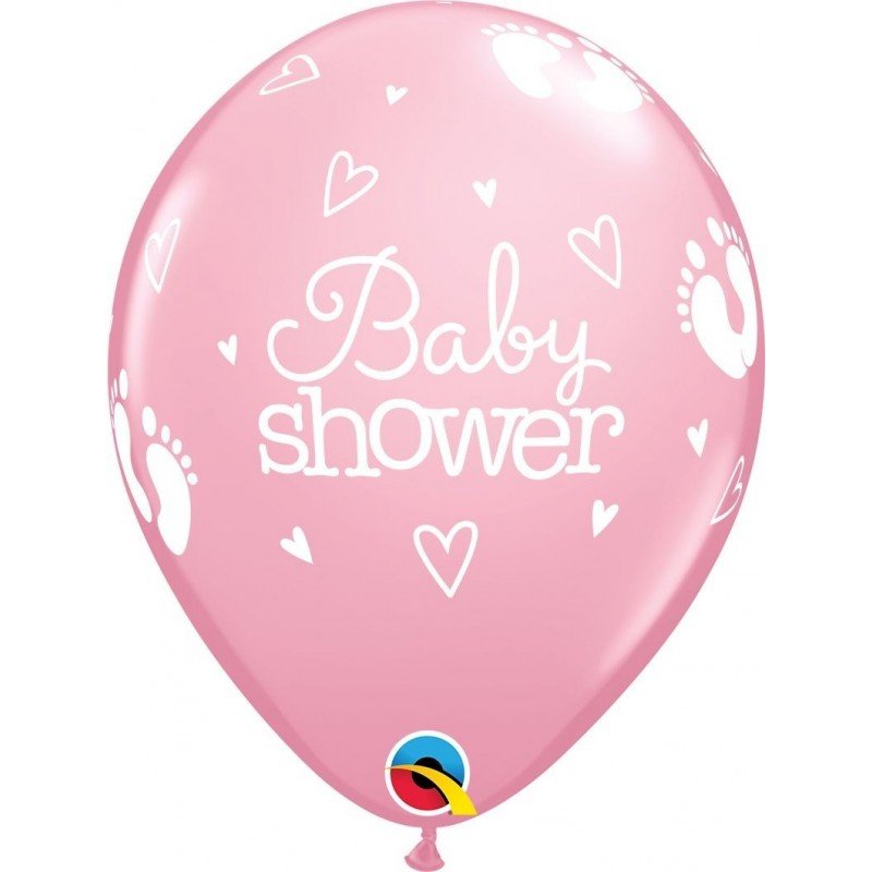 Globos Rosa pastel Baby shower con Huellas de pies de bebe y corazones de 28 cm (25ud)